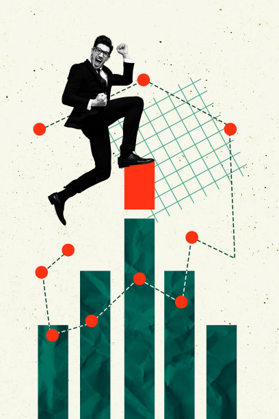 年轻男商人手握拳头，成功攀登的复合趋势艺术作品草图照片拼贴，展示图表和交易者的形象。图片下载