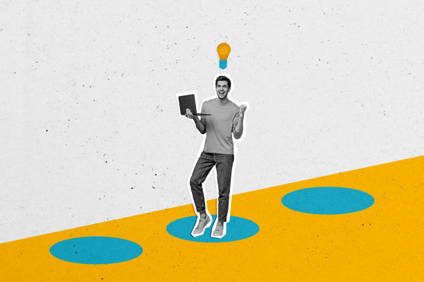 趋势艺术作品素描图像照片拼贴，展示了一个聪明的年轻人用手握拳表示“是的，赢了”的姿势，灵感来自于灯泡、智慧和知识，正在笔记本电脑上工作。图片下载