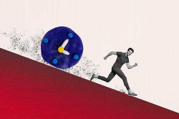 快乐商人的拼贴照片，迟到工作，时间滚动，时钟，时间管理，截止日期，时间表，背景为涂鸦风格。图片下载