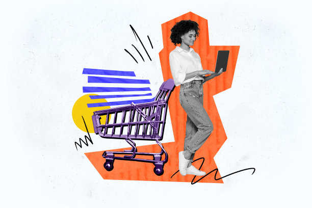 年轻女商人使用笔记本电脑远程工作，站在购物车旁，黑色星期五促销的3D照片拼贴艺术作品草图图片下载