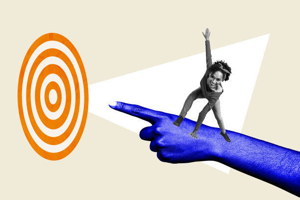 年轻女性领导力的照片拼贴，快乐女孩平衡目标，灵感与动机的绘画背景图片下载