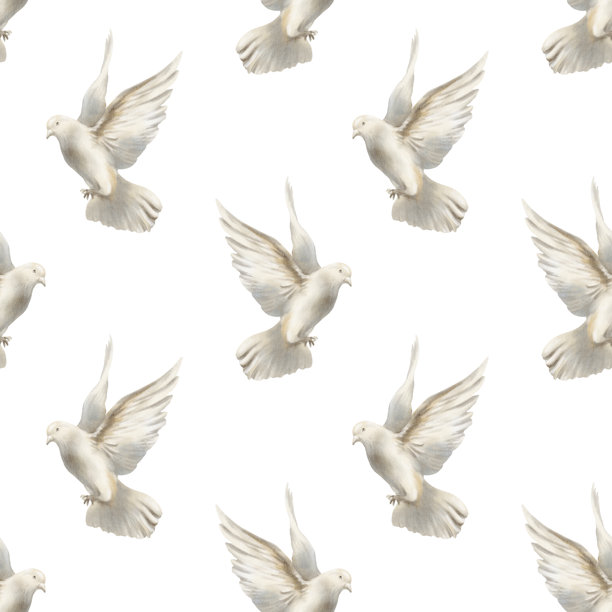 白鸽在空中翱翔的无缝图案，鸽子展开翅膀象征着自由与和平的概念。手绘水彩插图，适用于灵性婚礼和自然主题设计。图片下载