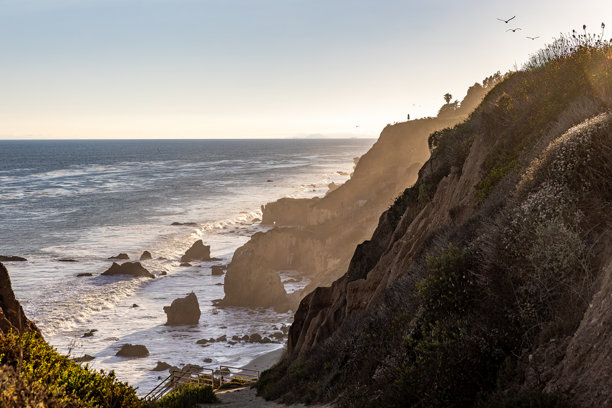 美丽的加利福尼亚海岸线日落时分的图片，波涛汹涌，鸟儿飞翔。图片下载