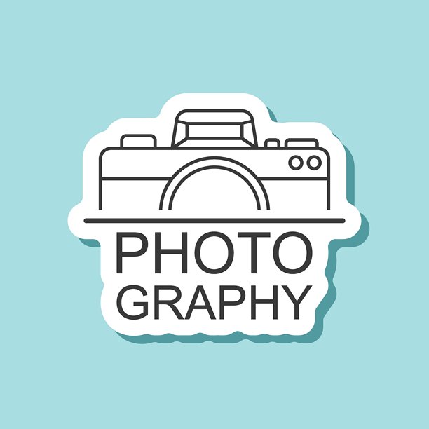 平面风格的相机贴纸图标。摄影文本矢量插图，背景为纯色。照片标志商业概念。图片下载