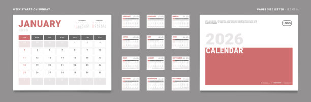 2026年日历规划模板页面套件，封面有照片和公司标志的位置。墙面或桌面组织者网格的矢量布局，周日开始，准备打印。页面A4-21x29.7厘米图片下载
