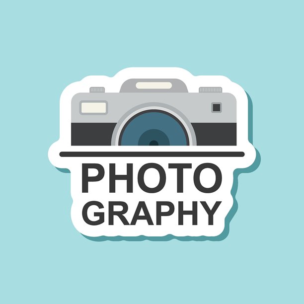 平面风格的相机贴纸图标。摄影文本矢量插图，背景为独立图像。照片标志商业概念。图片下载