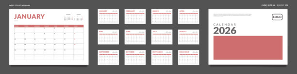 2026年日历规划模板页面套件，封面有照片和公司标志的位置。适用于墙面或桌面组织器网格的矢量布局，周一开始，准备打印。页面A4-21x29.7厘米。图片下载