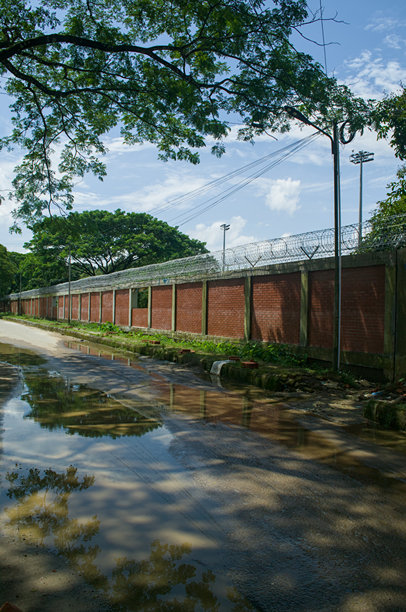 自然场景中的带刺铁丝网和树木的外墙安全照片。安全与保护的概念摄影。图片下载