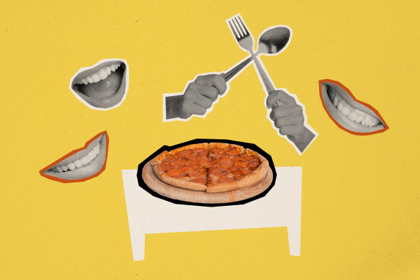 趋势艺术素描图像，3D照片拼贴，巨大的手握着叉子和勺子，准备吃食物，披萨、小吃、快餐，女人微笑着，嘴唇。图片下载
