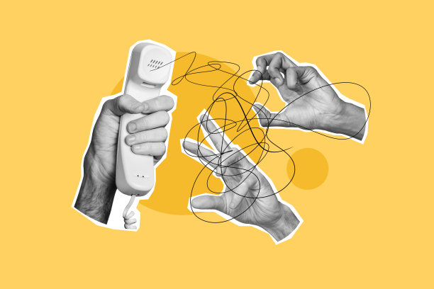 电话接听手势的合成照片拼贴，表现出投诉支持呼叫中心的激烈态度，背景为涂鸦风格。图片下载