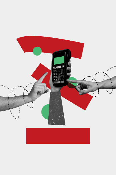 垂直照片拼贴，手持POS非接触式支付在线购物终端设备，背景为涂鸦风格。图片下载