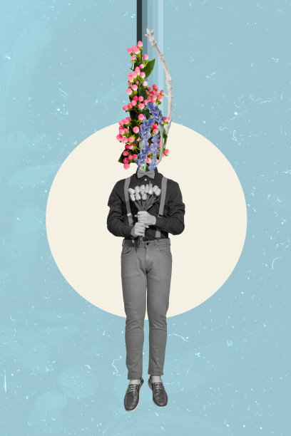 时尚风格的年轻男子头部缺失，手持春季郁金香花束的艺术合成素描照片拼贴，模特在女性节日中摆姿势。图片下载