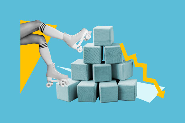 创意图片拼贴，年轻女性的滑轮滑板腿，爱好休闲，箭头方向，衰退图表，动态回归，失败危机图片下载