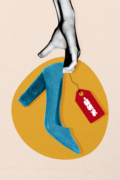 手握高跟鞋、低价标签、折扣、卖家优惠、特价的垂直照片拼贴，背景为涂鸦风格。图片下载