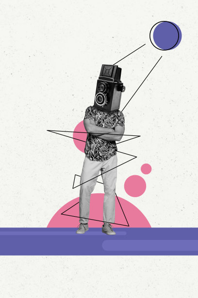 垂直照片拼贴，男人的头部被相机设备替代，拍摄概念，罕见数字设备捕捉，孤立在涂鸦背景上。图片下载