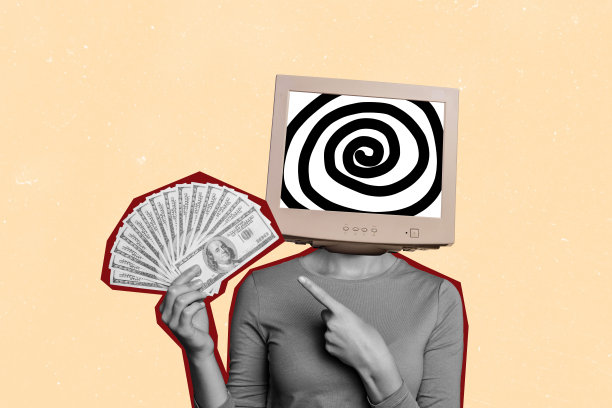 人头部被电脑显示器替代的复合照片拼贴，展示现金收入、美元货币和收益，背景为涂鸦风格。图片下载