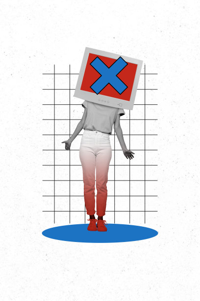 垂直照片拼贴，匿名女孩的头部被电脑显示器屏幕覆盖，显示错误，设备损坏，背景为涂鸦风格。图片下载