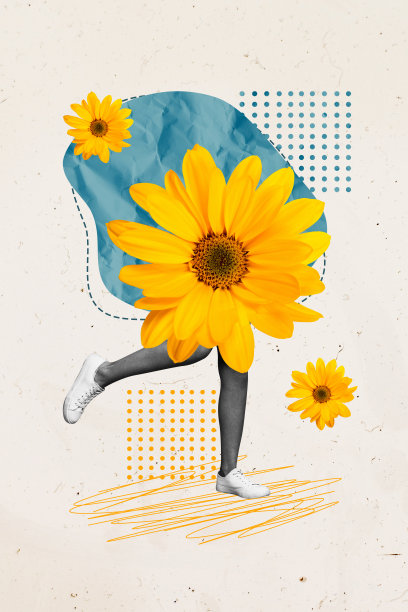 垂直照片拼贴，光滑的女性腿部穿着运动鞋，春季菊花激光治疗沙龙，背景为涂鸦风格。图片下载