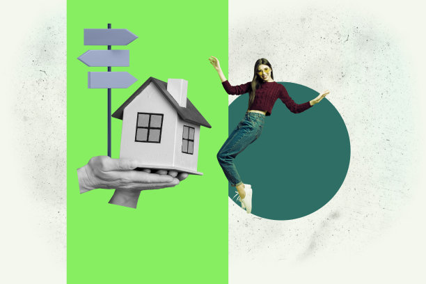 时尚杂志风格的照片拼贴，展示快乐的女孩和男孩站在指示牌旁，象征着搬家旅行和新购置的定居生活。图片下载