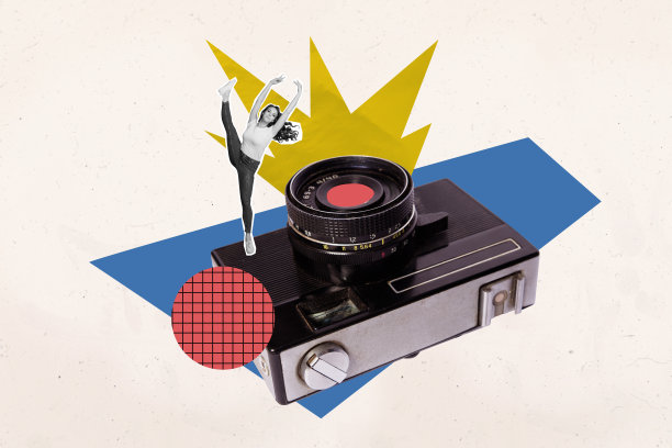 快乐女孩跳舞的芭蕾舞者全图海报横幅拼贴，复古相机拍摄旅游狗仔队照片集概念图片下载