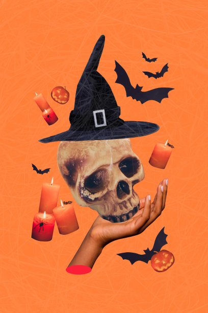 垂直照片拼贴，手握骷髅骨头、女巫、骷髅、蝙蝠、万圣节、神秘、蜡烛、蜘蛛，孤立在涂漆背景上。图片下载