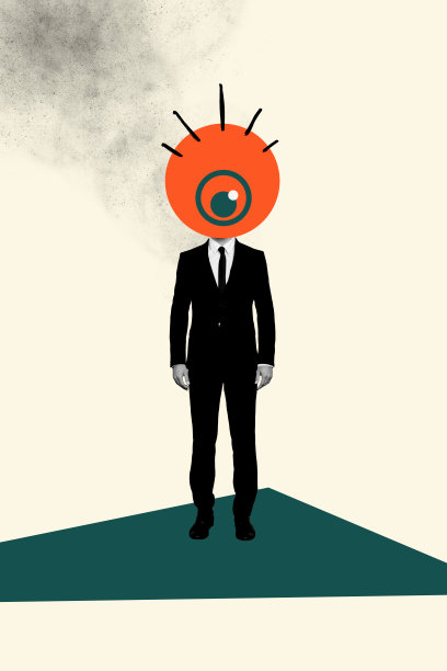 垂直照片拼贴，匿名男子穿着西装，头部是眼球，像独眼巨人一样的间谍形象，孤立在涂鸦背景上。图片下载