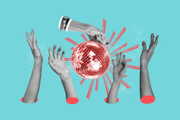 青色背景的艺术素描照片拼贴，描绘了夜总会的卡通形象，休闲放松，复古音乐，舞蹈，迪斯科球，许多手臂出现在人群中。图片下载