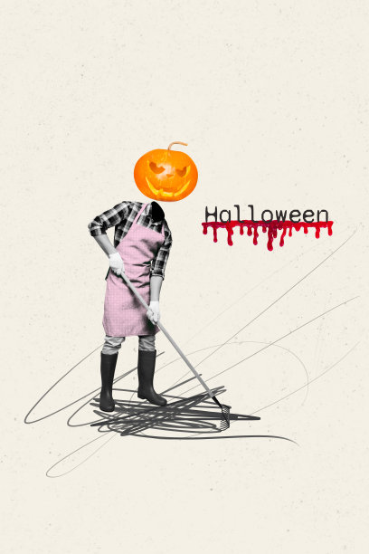 垂直照片拼贴，匿名农民穿着南瓜杰克服装，手持耙子，收获秋季万圣节，背景为涂鸦风格。图片下载