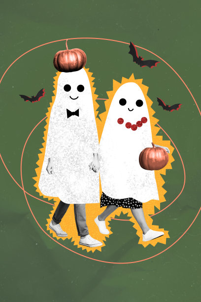 万圣节鬼魂微笑的垂直照片拼贴，行走在“不给糖就捣蛋”的传统中，蝙蝠和南瓜，孤立在涂鸦背景上。图片下载