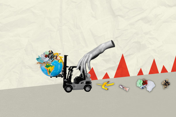 气候变暖生态灾难污染地球保护的拼贴艺术照片，清理机器收集塑料垃圾图片下载
