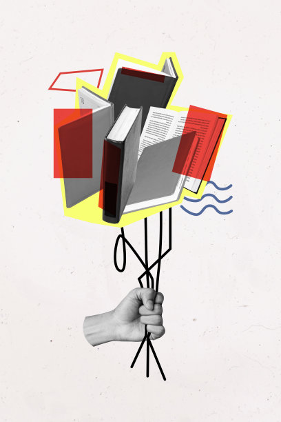 垂直照片拼贴，手握书本，书籍教育概念，学校作业，笔记本，孤立在涂漆背景上。图片下载