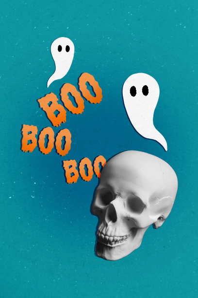 万圣节快乐的秋季假日复合趋势艺术作品草图，包含人类头骨、骨头、鬼魂、飞翔的幽灵等元素的照片拼贴。图片下载