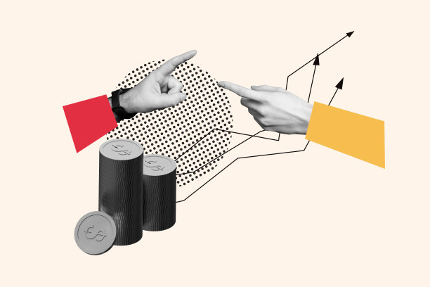 商业人士的手指指向上方的箭头，象征着利润和收入，美元硬币的拼贴照片，背景为涂鸦风格。图片下载