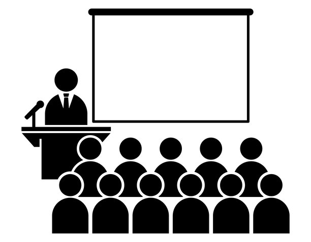 会议与演讲图标集 - 舞台上的演讲者与观众和屏幕剪影图片下载