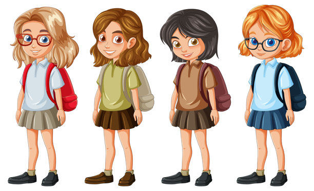 四名穿着校服的女学生背着书包站在一起图片下载