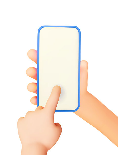 双手握着手机。手机模型。用手指触摸白色空白屏幕。矢量3D卡通插图图片下载