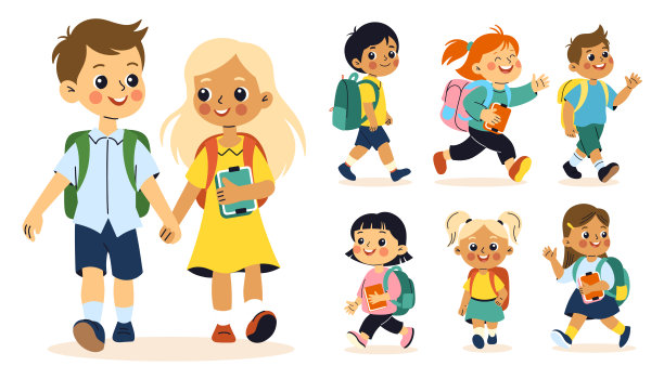 孩子们背着书包上学。返校主题。快乐的女孩和男孩去上学。矢量卡通平面插图图片下载