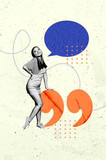 年轻女性模特站立在图像艺术合成照片拼贴中，指向空白处，进行对话聊天，气泡对话信息。图片下载