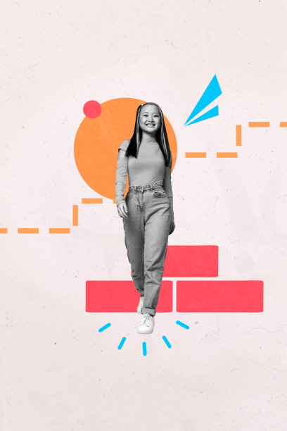 快乐的商人和商女人站在职业阶梯上，展示晋升、成功和成就的艺术图像竖版照片拼贴。图片下载