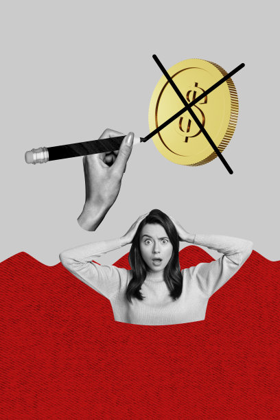 商业危机的趋势艺术作品，照片拼贴，年轻女士震惊的面孔，手持笔，交叉止损，硬币图片下载