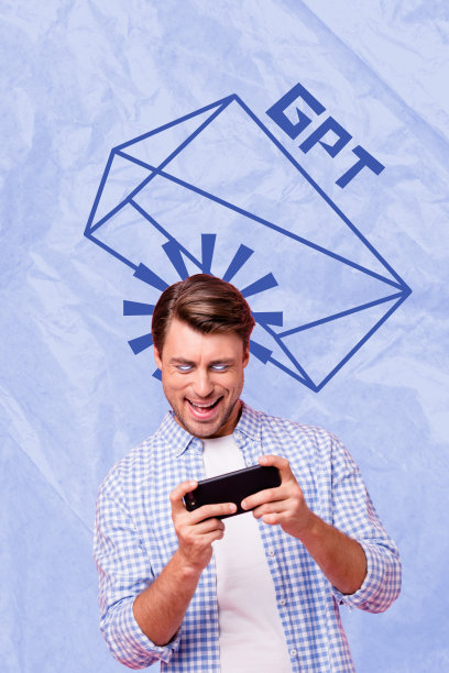 年轻男子微笑着玩游戏手柄，3D照片拼贴艺术作品，展示互联网设备和GPT技术支持软件。图片下载