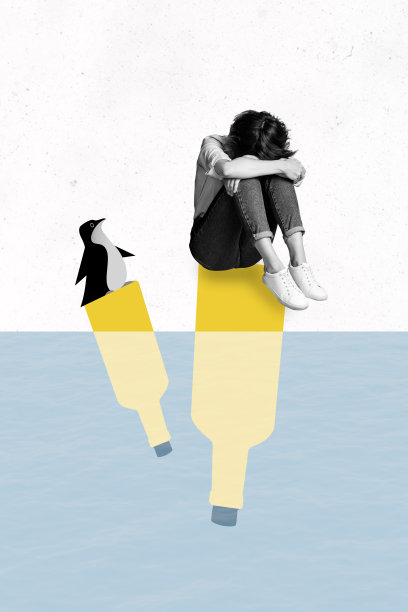 年轻女士坐在玻璃瓶旁的企鹅动物3D照片拼贴模板，全球变暖问题，世界环境，自然图片下载