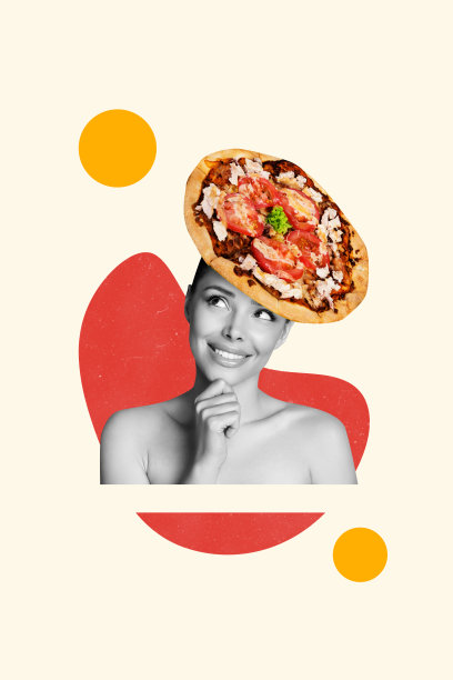 年轻迷人的女士微笑着，佩戴头饰，照片拼贴设计，展示了比萨餐厅的美食和厨房场景。图片下载