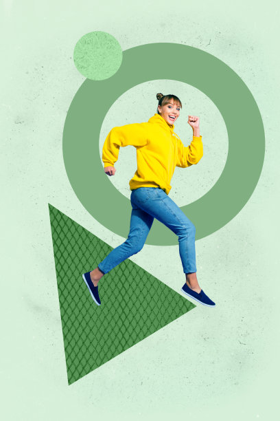 垂直海报艺术照片拼贴，快乐的女商人和男商人站在几何图形前，展示职业发展进步统计数据图片下载