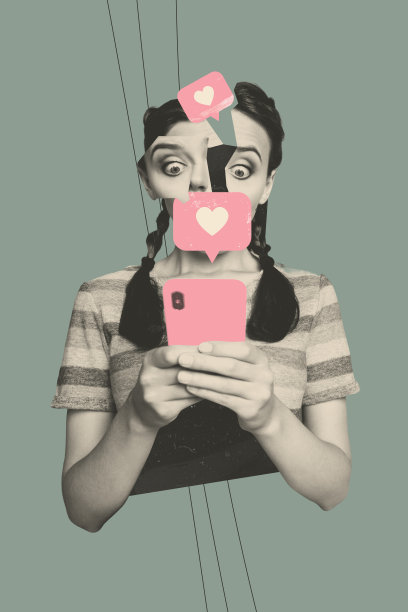 创意3D照片拼贴艺术作品，展示社交媒体影响者的流行网络，破碎的肖像，年轻女士手持智能手机，像横幅一样。图片下载