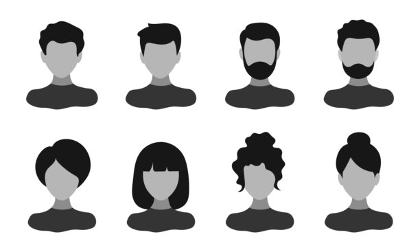男性和女性头像图标集合，采用扁平风格。社交媒体、社区、账户、团队、用户、商业、沟通和网络的个人资料图片轮廓插图。图片下载
