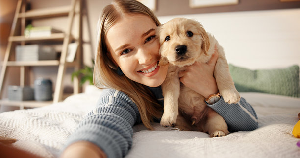 微笑的女人与小狗在床上自拍，记录领养的回忆，更新个人资料照片和安全性。狗妈妈，肖像和摄影，家中与拉布拉多犬的动物博客文章，伴侣和亲密关系。图片下载