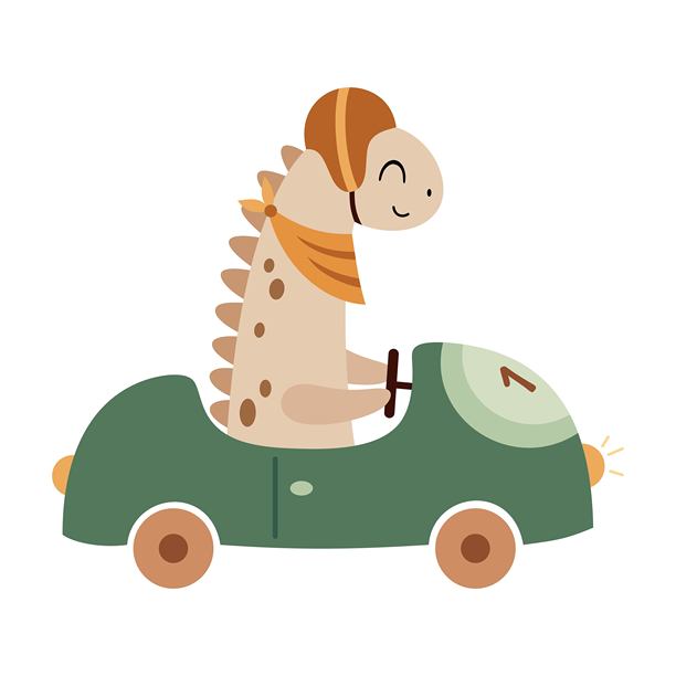 可爱的恐龙驾驶汽车，卡通风格。酷炫的恐龙男孩角色。矢量插图。图片下载