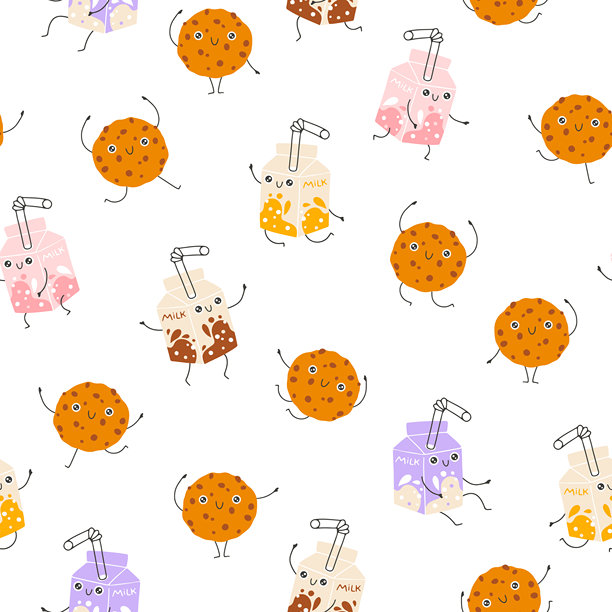 牛奶和饼干的甜点无缝图案，配有有趣的吉祥物角色。可爱的卡通手绘涂鸦，色彩丰富。非常适合婴儿设计、印刷、包装和纺织品。创意背景。图片下载