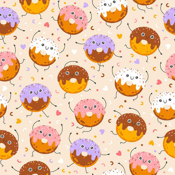 甜甜圈糖果无缝图案，配有有趣的吉祥物角色。可爱的卡通手绘涂鸦，色彩丰富。非常适合婴儿设计、印刷、包装和纺织品。创意的幼儿园背景。图片下载